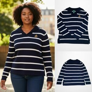 Lauren Ralph Lauren‎ Knit Sweater Womens M Cotton Blue White Stripe Crest Preppy